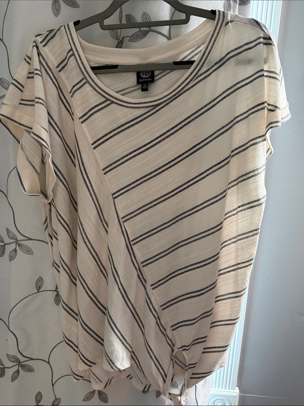 bobeau Cream and Black Striped Short Sleeve Top